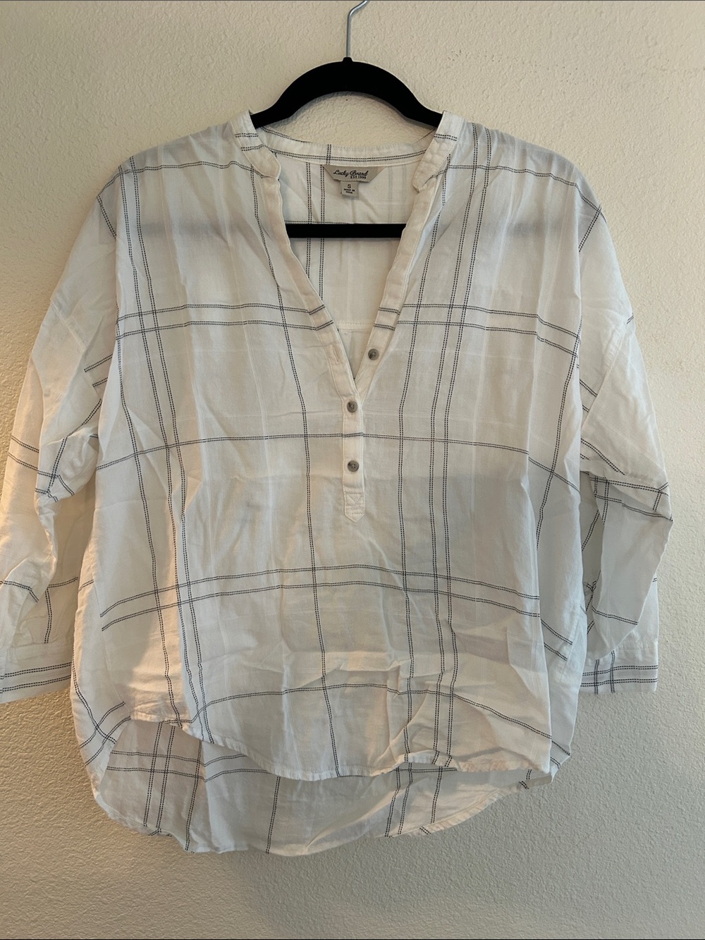 Casual White Plaid Button Henley Top - Unbranded